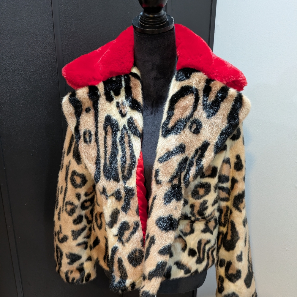 Red Collar Leopard Faux Fur Jacket - Women